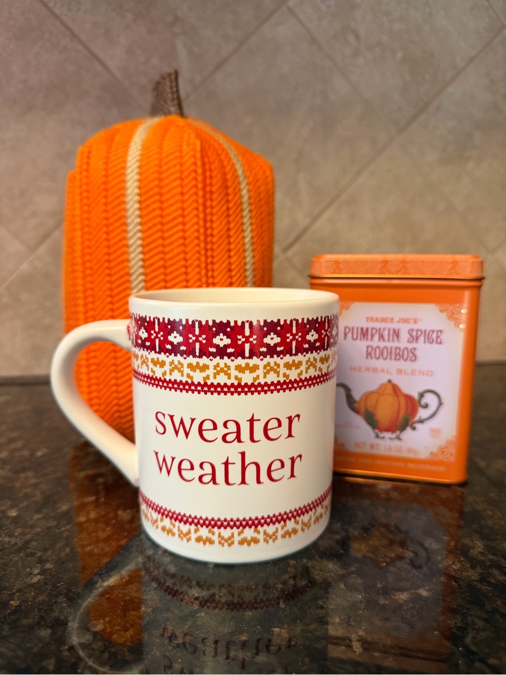 Threshold White Ceramic Mug with Red and Gold Knit Pattern
